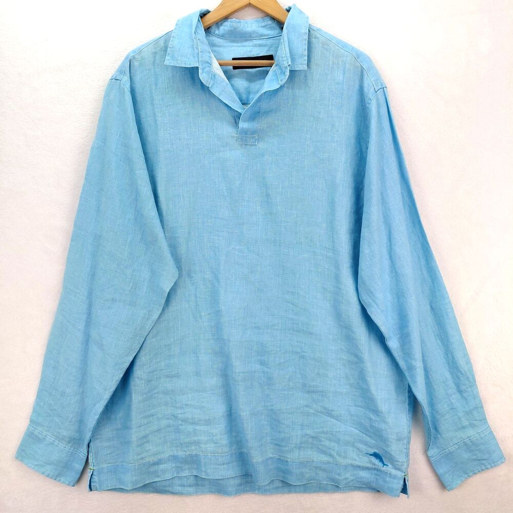 Tommy Bahama 100% Linen Shirt Men L Tall Blue Aqua Long Sleeve Popover Beach